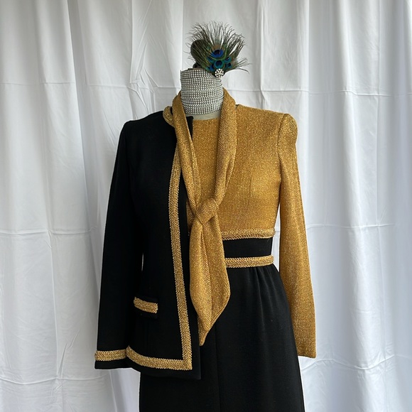 Vintage Evening gown with coat and scarf Black and Gold Lame no label Pure wool - Picture 3 of 14